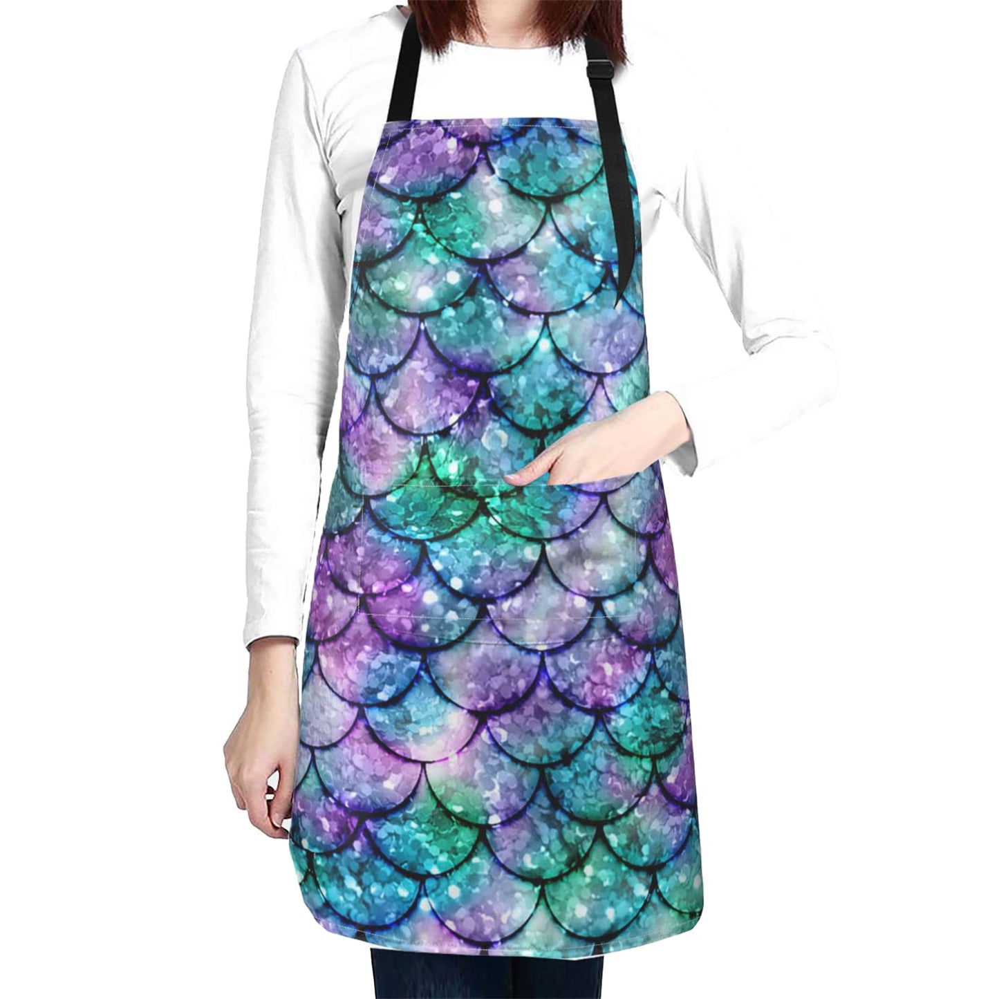 Duduho Glitter Mermaid Scales Waterproof Apron With 2 Pockets Kitchen Chef Bib For Men Women Cooking BBQ Drawing Gardening by Endo33 Markets