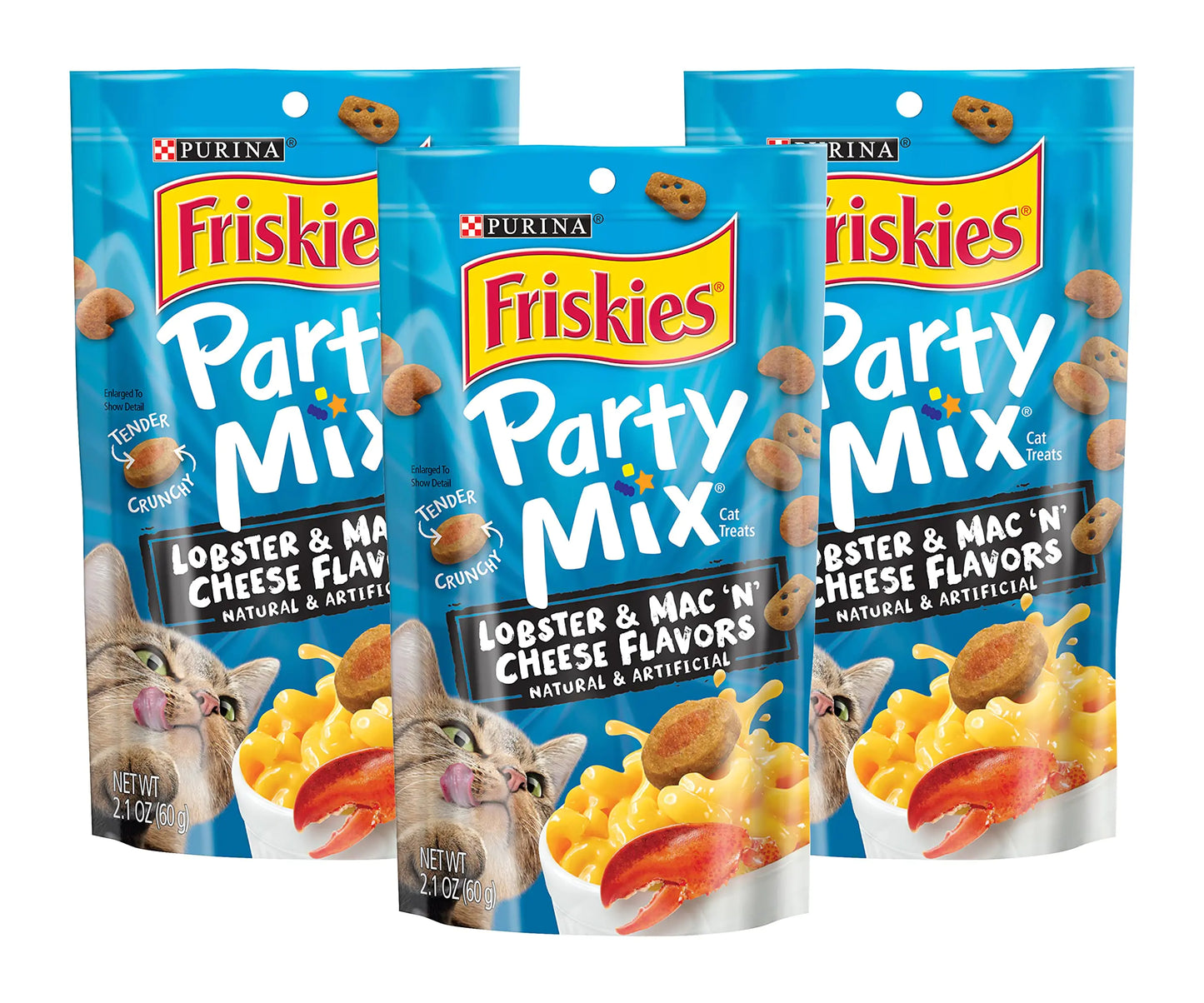 Purina Friskies Party Mix Cat Treats Lobster & Mac ‘n’ Cheese Flavors Crunchy & Tender Texture Cat Treats or Cat Snack 2.1 Ounce Pouch (Pack of 3) by Endo33 Markets