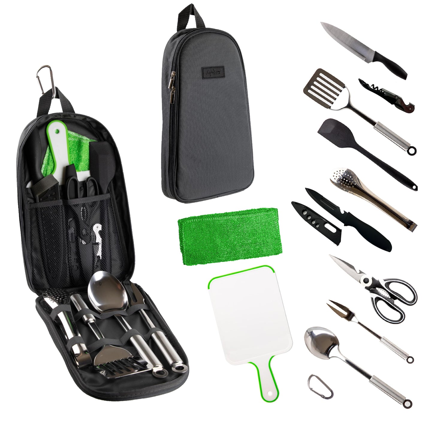 Life2Go 12 Piece Camp Cooking Utensil Set & Outdoor Kitchen Gear Cookware Kit Portable Compact Carry Case for Camping Hiking Travel BBQ Grilling Stainless Steel Accessories Spoon & Fork Gray by Endo33 Markets
