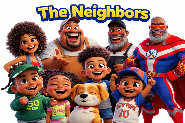 Welcome to the Block: The Neighbors cast, a diverse, joyful group of cartoon characters posing together.