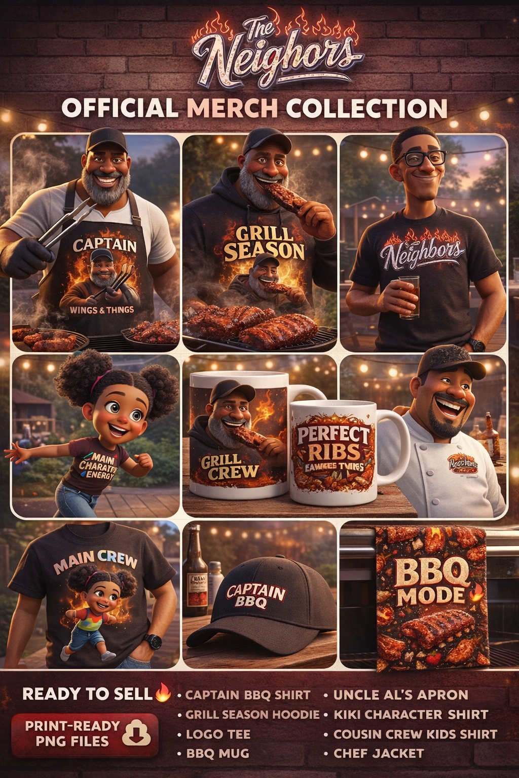Uncle Al’s Neighborhood official merch collage: crew tees, grill items, mugs, cap, and characters.