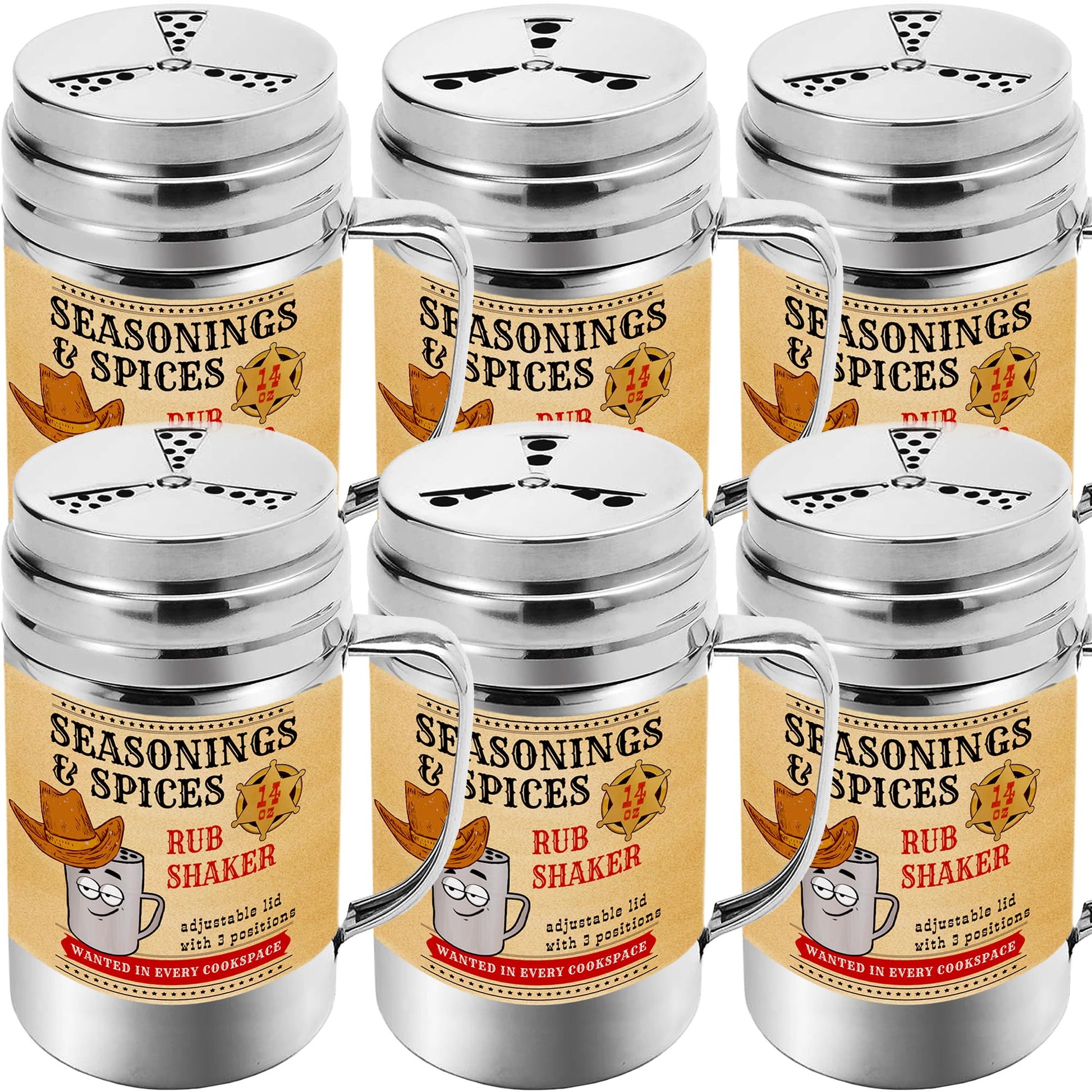 CUSINIUM [Pack of 6] 14 oz Seasonings Spice Shakers - BBQ Dry Rub Shakers - Cooking Dredge with Adjustable Fan-Style Lid and Handles by Endo33 Markets