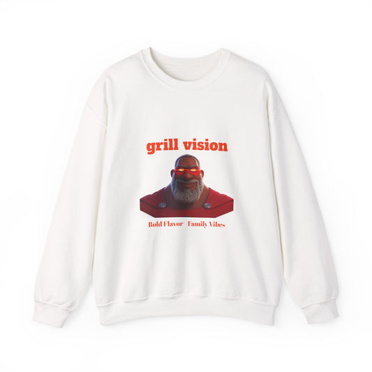 Grill Vision Crewneck Sweatshirt — Bold Flavor Family Vibes BBQ Graphic by Printify