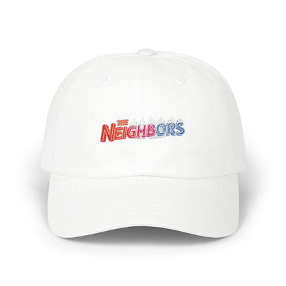 Dad Cap — "The Neighbors" Red & Blue Embroidered Logo by Printify