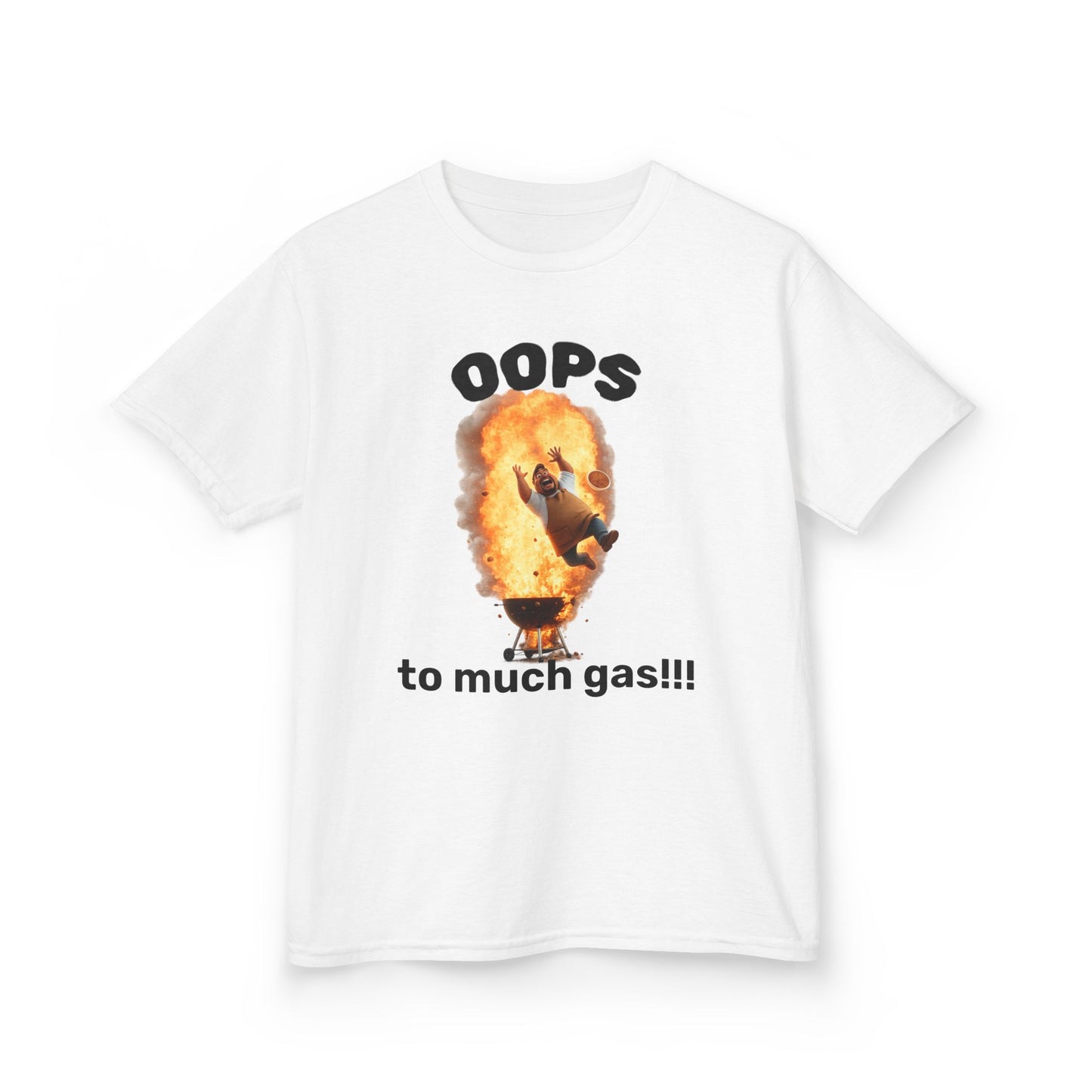 Kids Tee — "OOPS to much gas!!!" Funny Hot Air Balloon Flame Graphic by Printify