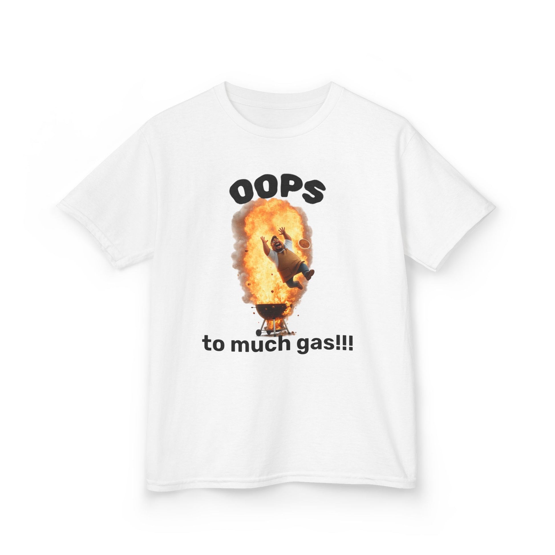 Kids Tee — "OOPS to much gas!!!" Funny Hot Air Balloon Flame Graphic by Printify