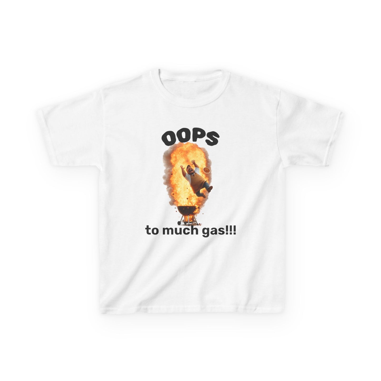 Kids Tee — "OOPS to much gas!!!" Funny Hot Air Balloon Flame Graphic by Printify