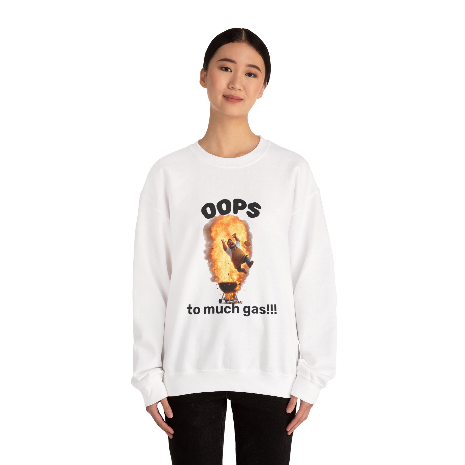Funny 'Oops Too Much Gas!!!' Crewneck Sweatshirt — Novelty Graphic Pullover by Printify