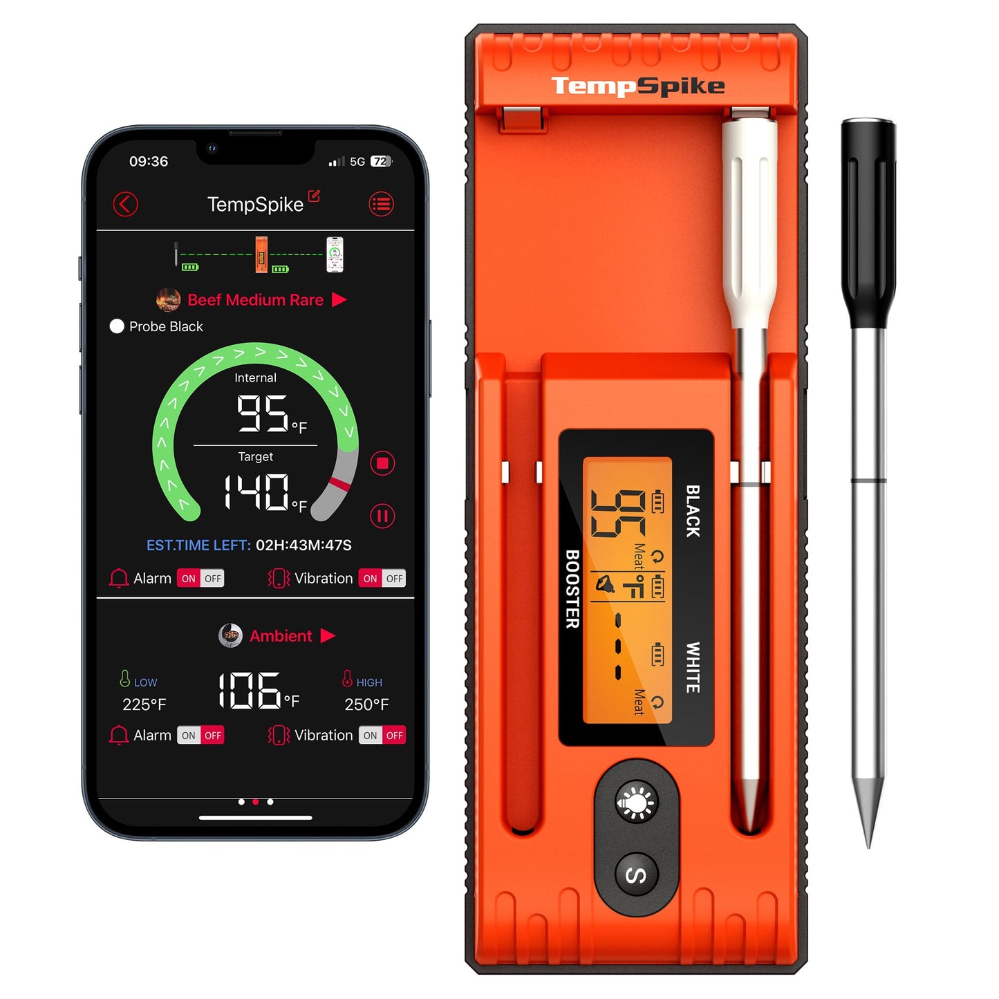 TempSpike Wireless Meat Thermometer with 2 Meat Probes 500FT Bluetooth Meat Thermometer for Cooking with LCD-Enhanced Booster for Turkey Beef Rotisserie BBQ Grill Oven Smoker Thermometer by Endo33 Markets