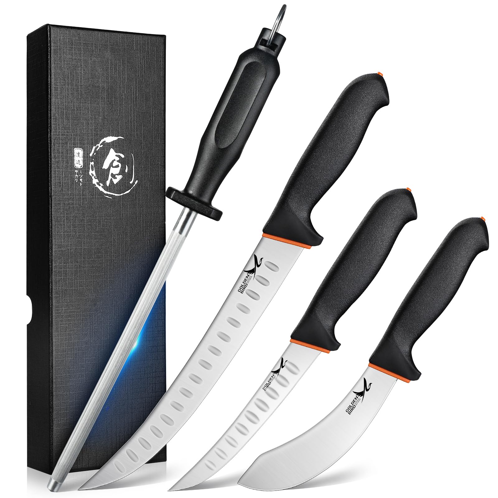 Golden Bird Butcher Knife Set - 4 Piece Professional BBQ Knife Set Include 6" Boning Knife 6" Skinning Knife 10" Butcher Breaking Knife & 8" Sharpener Rod by Endo33 Markets