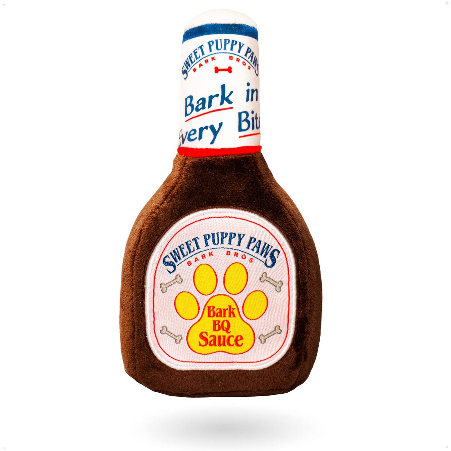 Bark Bros - Sauce Bottle Dog Toys - Plush Squeaky Dog Toys Funny Parody - Dog Birthday Toy - Cute Dog Toys - Puppy Toys - Puppy Gifts - Dog Toys for Small Medium Large Dogs (Sweet Puppy Paws BBQ) by Endo33 Markets