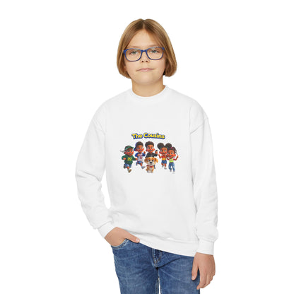 Youth Crewneck Sweatshirt — "The Cousins" Cute Cartoon Kids Graphic by Printify