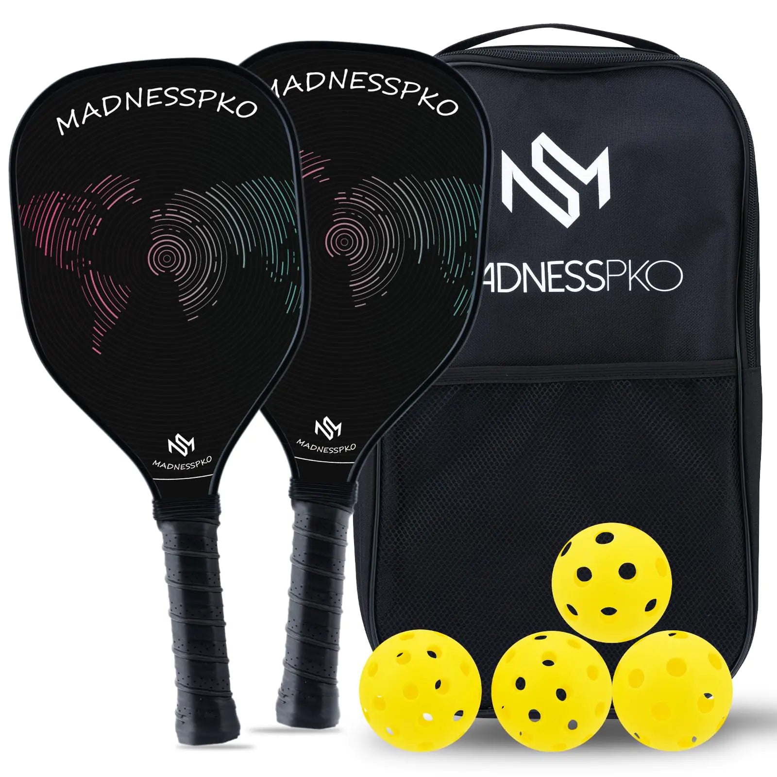MadnessPKO Graphite Pickleball Paddles Set- Premium Rackets Fiber Face & Polymer Honeycomb Core Pickleball Set Includes 2 Pickleball Paddles + 4 Pickleball Balls + 1 Bag (Black) by Endo33 Markets