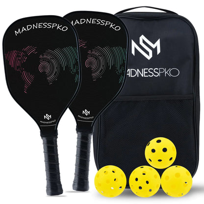 MadnessPKO Graphite Pickleball Paddles Set- Premium Rackets Fiber Face & Polymer Honeycomb Core Pickleball Set Includes 2 Pickleball Paddles + 4 Pickleball Balls + 1 Bag (Black) by Endo33 Markets