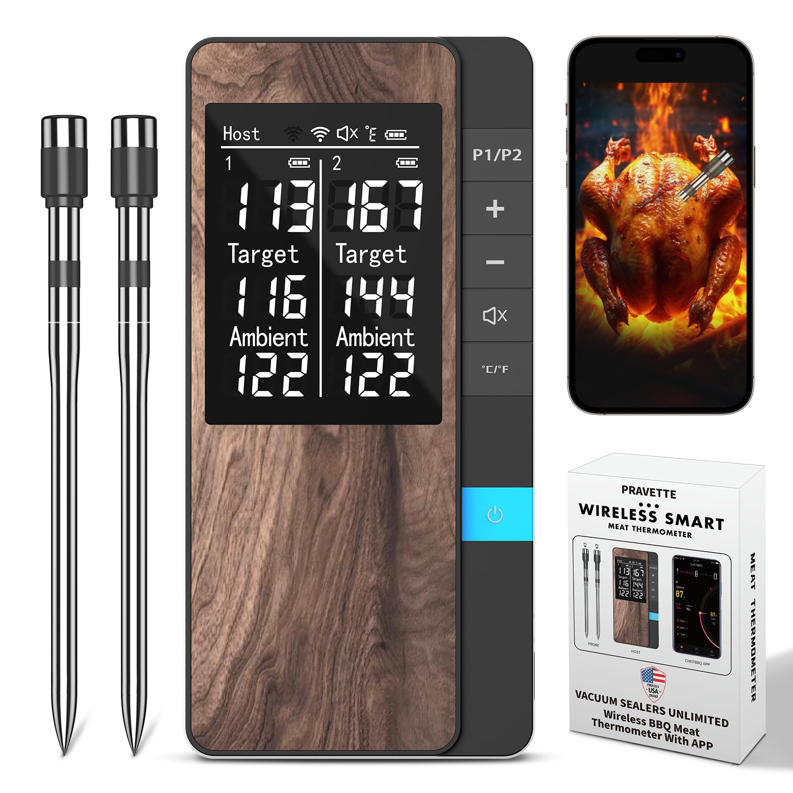 VACUUM SEALERS UNLIMITED Wireless Meat Thermometer-Multi Sensors Digital Food Thermometer with Ultra-Thin Probes App&Host Control- Accuracy Bluetooth Meat Thermometer for BBQ Oven Grill Smoker by Endo33 Markets