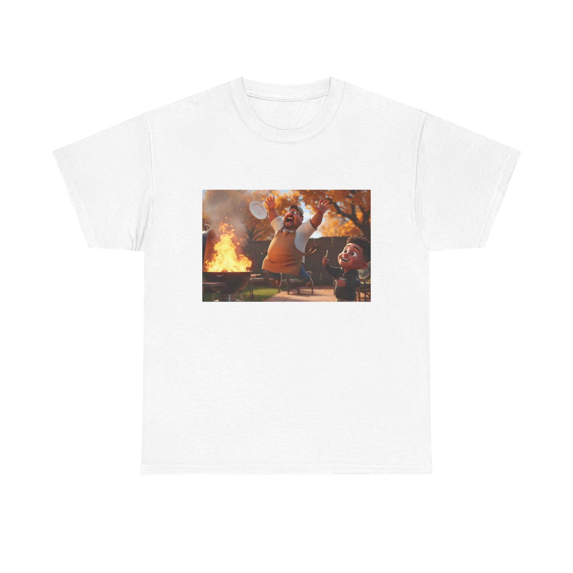 T-Shirt — Funny Grill Disaster BBQ Scene Tee by Printify