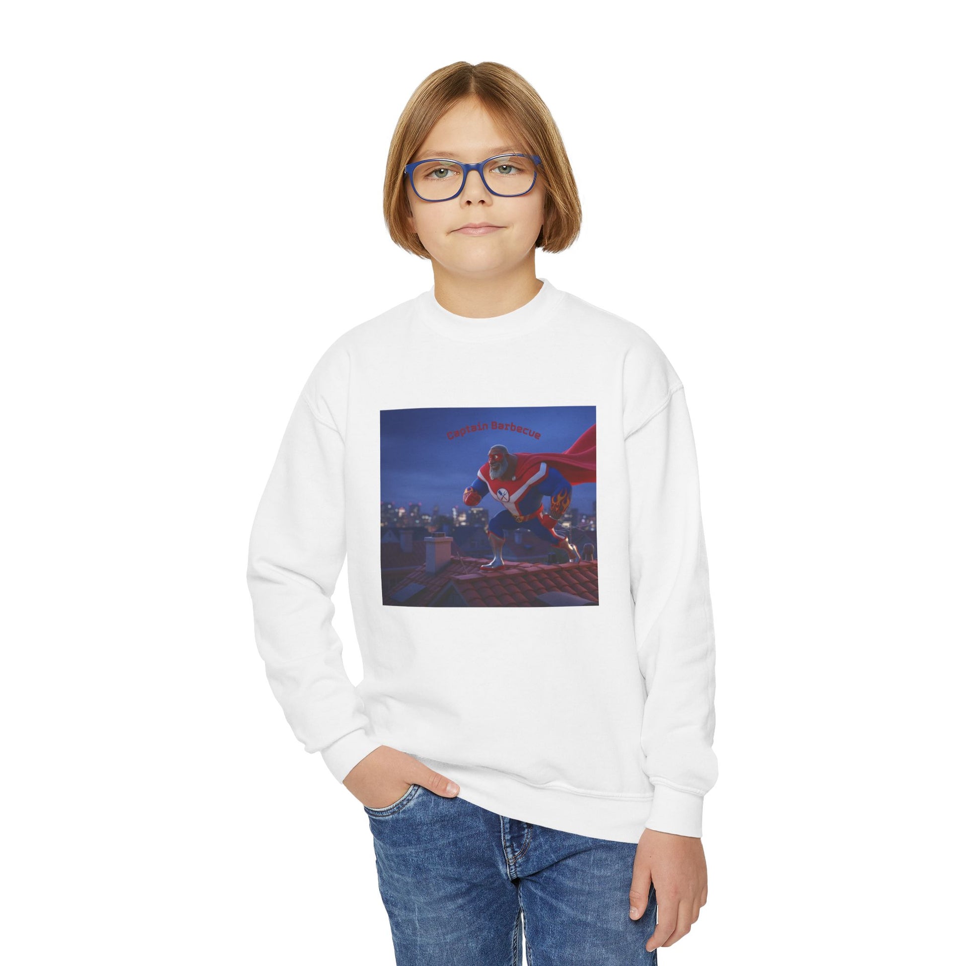 Kids Superhero Crewneck Sweatshirt - 'Super Rescue' Rooftop Design by Printify