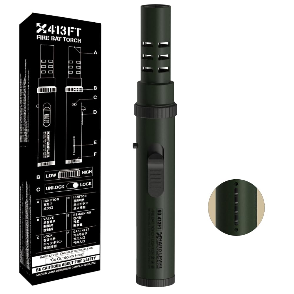 CAMVIL Windproof Butane Torch Lighter with Fuel Gauge & Safety Lock Refillable Butane Lighter with Adjustable Jet Flame for Camping Campfires Fireplaces Candles Grill BBQ (NO PREFILLED) (ARMY GREEN) by Endo33 Markets