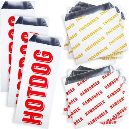 Retro Grease-Proof Food Wrapper 30 Combo Pack. 10 Each Hamburger Cheeseburger and Hot Dog Sturdy Bags. Heat Proof Restaurant Grade Allergen Friendly BBQ Foil Paper Supply for Themed Party Event by Endo33 Markets