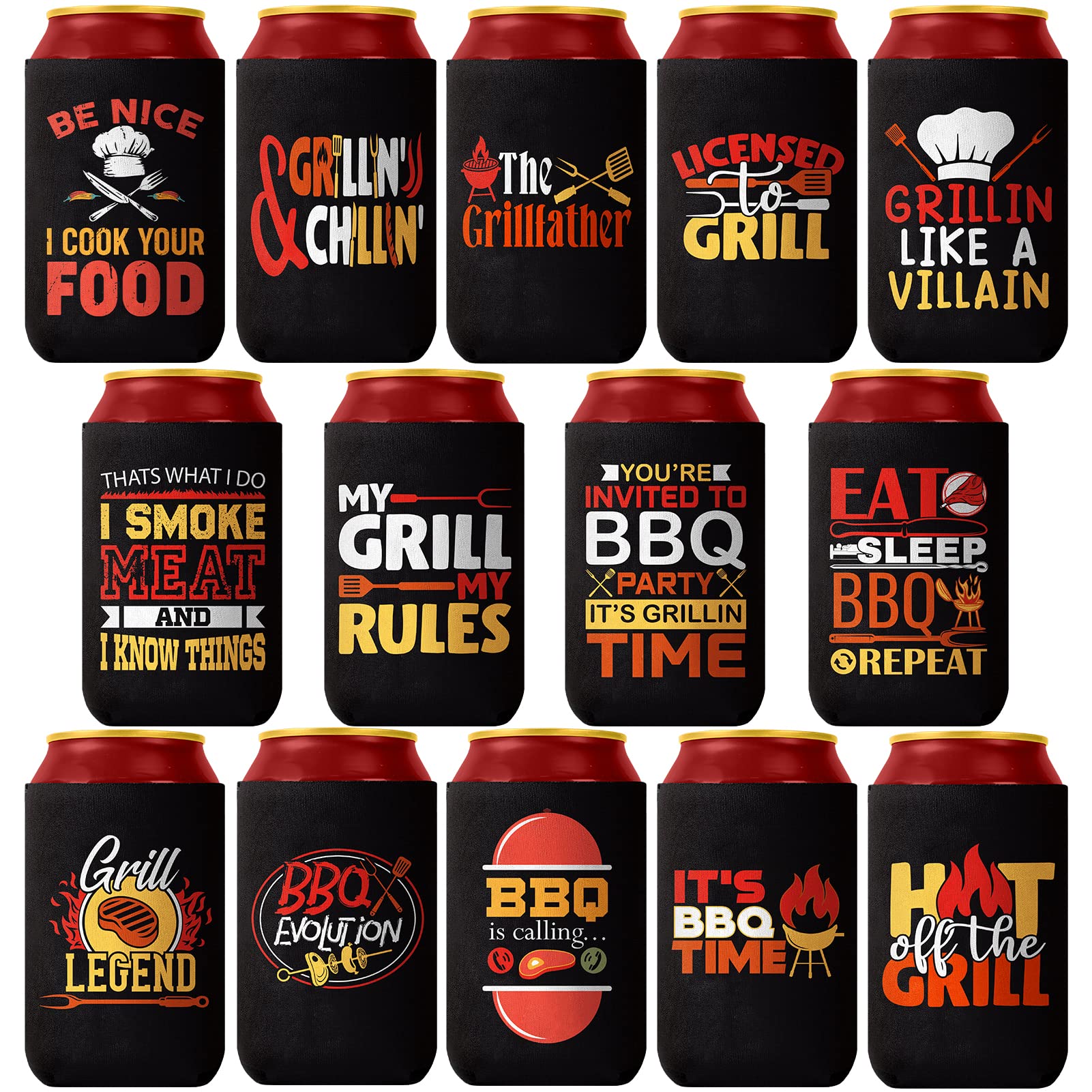 BBQ Party Decorations Can Coolers - Pop Nordic 14 Pack Funny Beer Can Sleeves Bulk Reusable Neoprene Beer Cozy for BBQ Party Favor Supplies by Endo33 Markets