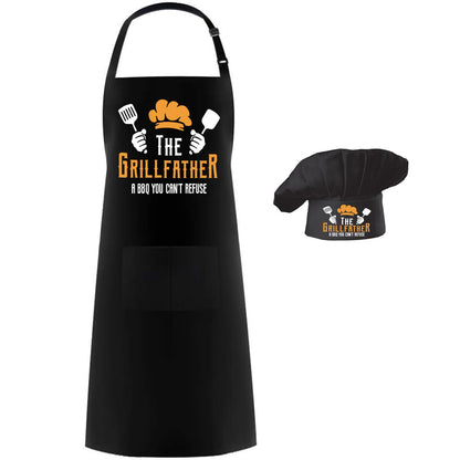 Hyzrz Chef Apron Hat SetAdjustable Chef Hat and Apron Baker Costume with Pocket for Kitchen Grill BBQ Fathers Mothers Gift (The Grill Father Black) by Endo33 Markets
