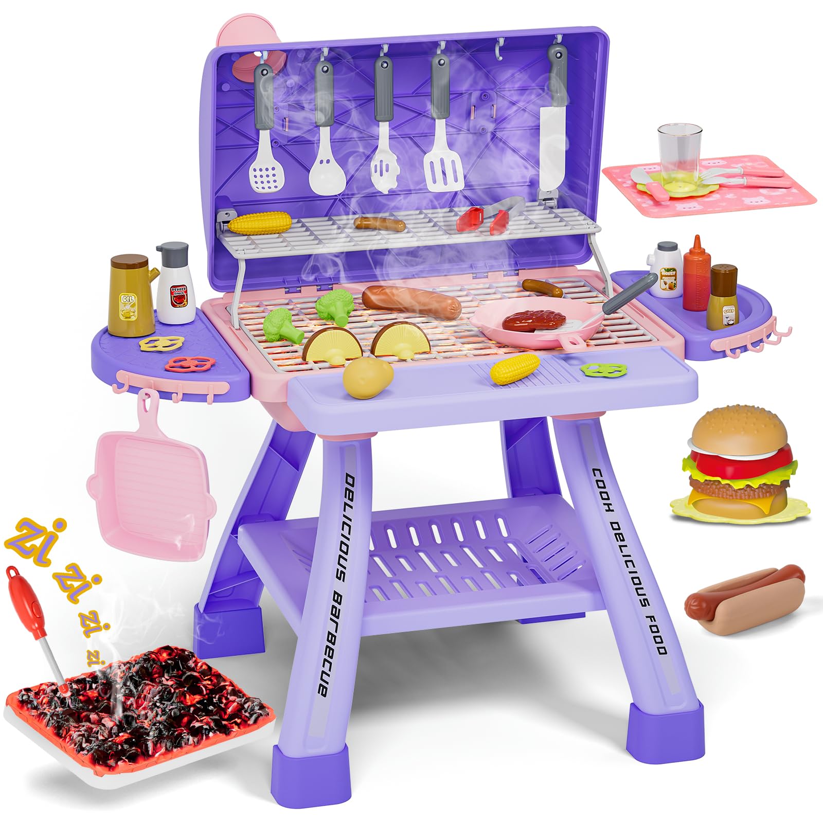 New Upgraded Kids BBQ Grill Playset with Smoke Sound&Light Toy Grill for Girls Pretend Food Hamburger Kitchen Barbecue Toy Game Christmas Birthday Gift for 3-5 Kids Pink & Purple by Endo33 Markets