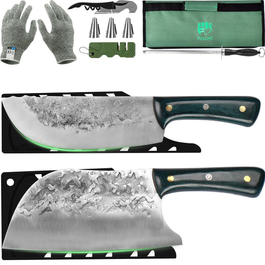 FULLHI 9 PCS Butcher Knife Set with Knife Bag and Sheath - Hand Forged Green handle Chef Knife High Carbon Steel Cleaver Knife Set for Kitchen Camping BBQ by Endo33 Markets