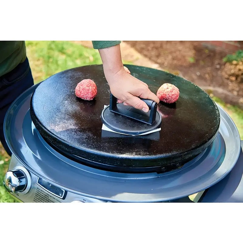 Round Cast Iron BBQ Grill Roast Press with Wooden Handle by Endo33 Markets