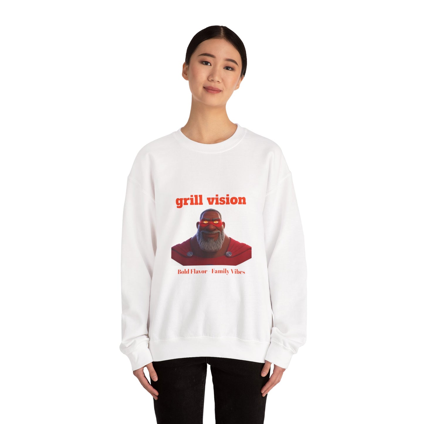 Grill Vision Crewneck Sweatshirt — Bold Flavor Family Vibes BBQ Graphic by Printify
