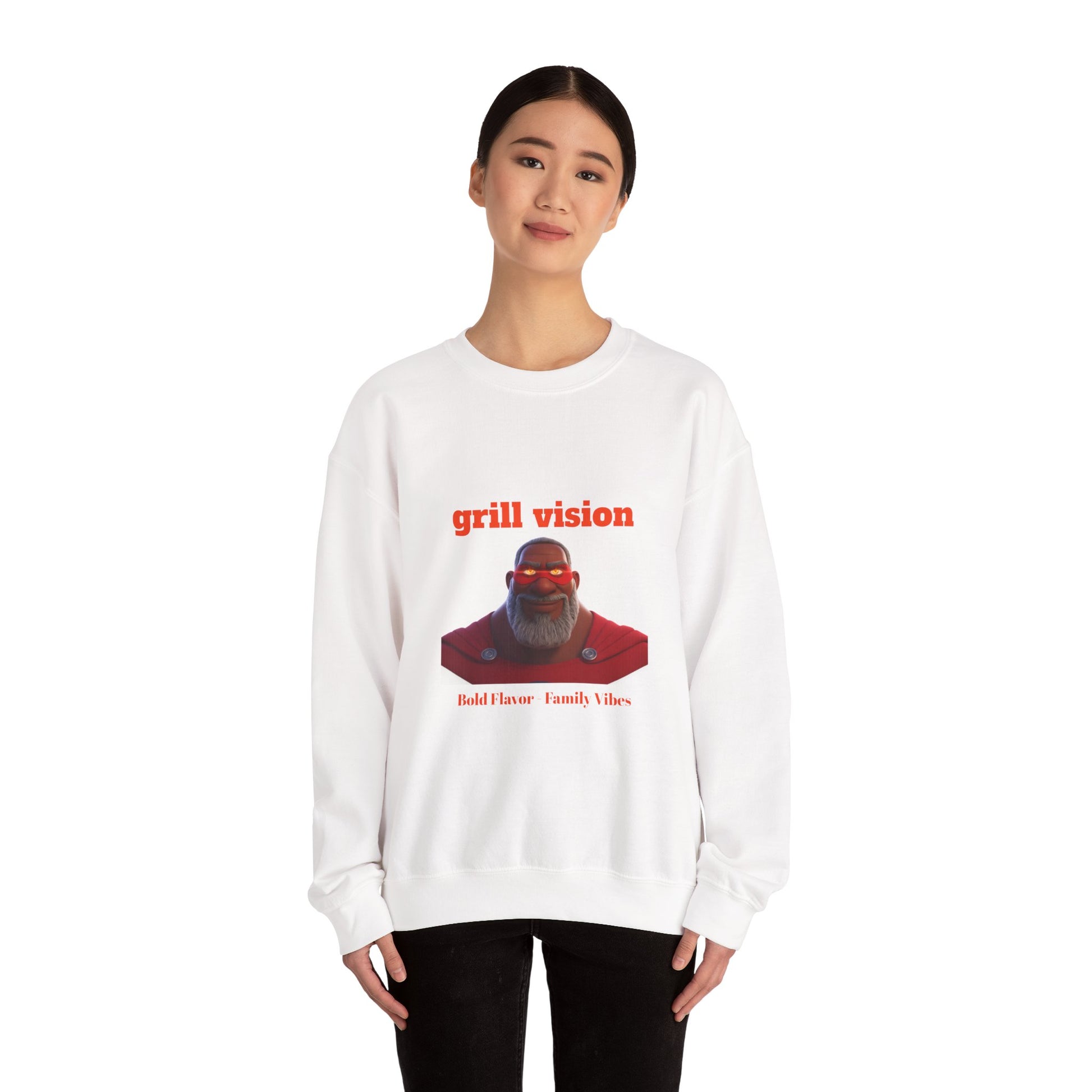 Grill Vision Crewneck Sweatshirt — Bold Flavor Family Vibes BBQ Graphic by Printify