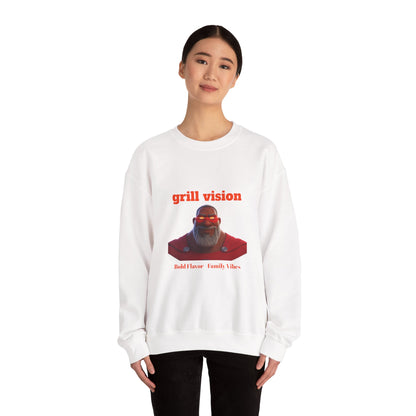Grill Vision Crewneck Sweatshirt — Bold Flavor Family Vibes BBQ Graphic by Printify