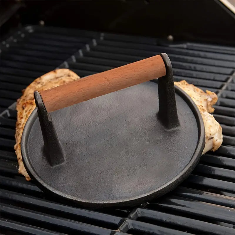 Round Cast Iron BBQ Grill Roast Press with Wooden Handle by Endo33 Markets