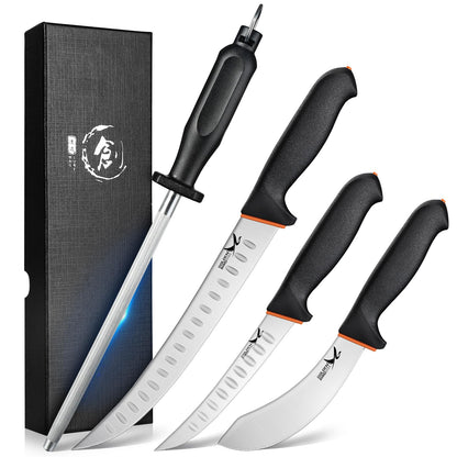 Golden Bird Butcher Knife Set - 4 Piece Professional BBQ Knife Set Include 6" Boning Knife 6" Skinning Knife 10" Butcher Breaking Knife & 8" Sharpener Rod by Endo33 Markets