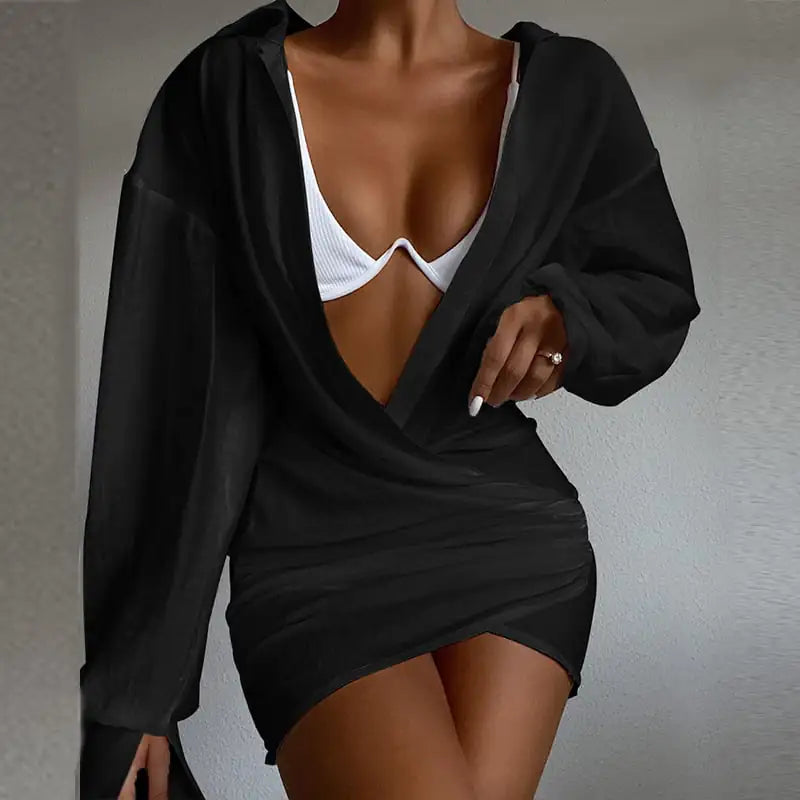 Deep V-neck Solid Color Long Sleeve Mini Dress by Endo33 Markets
