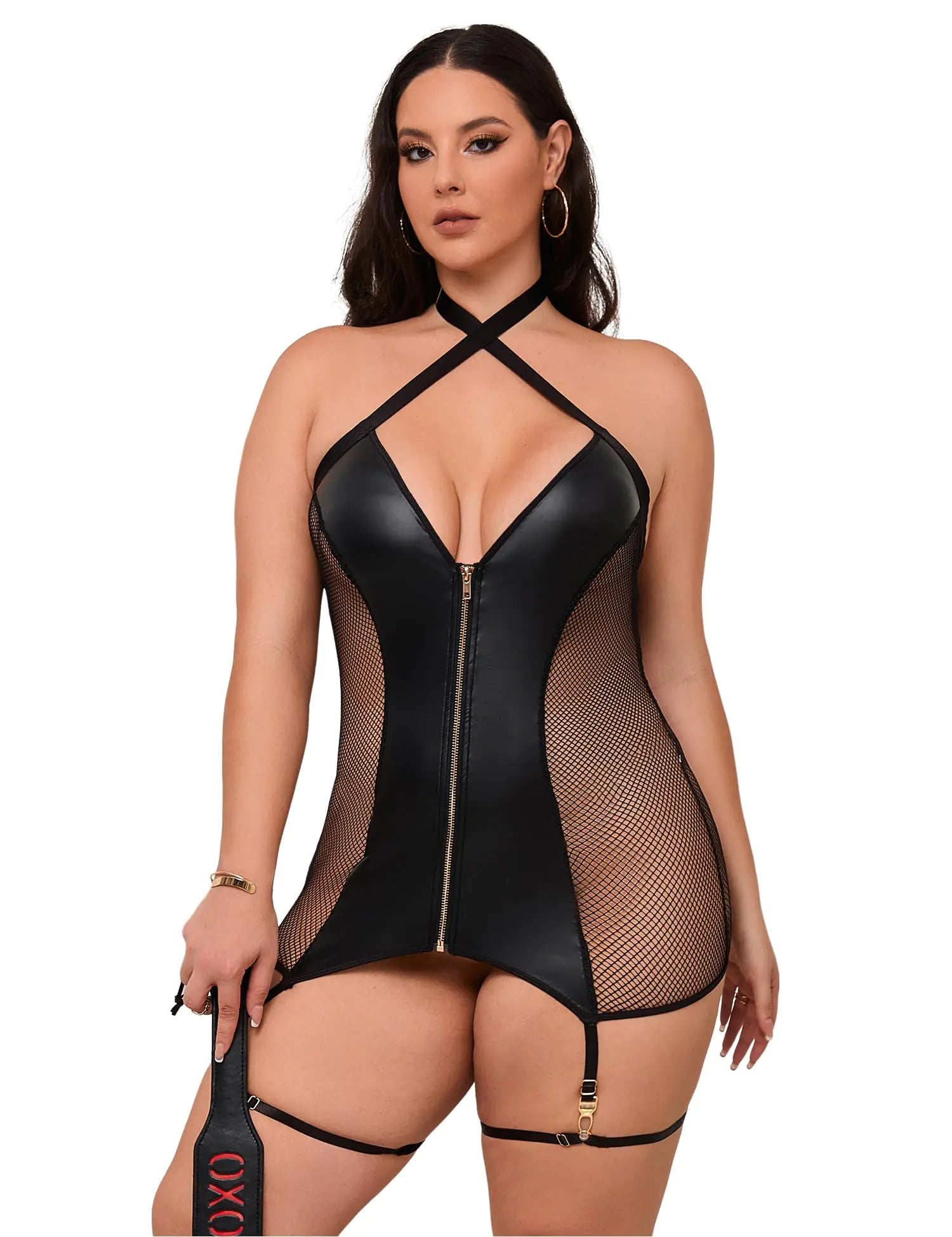 sunshinelady Women’s Plus Size Lingerie Set Leather Lingerie with Garter Set Sexy Sheer Babydoll Faux Leather Bodycon Dress Black