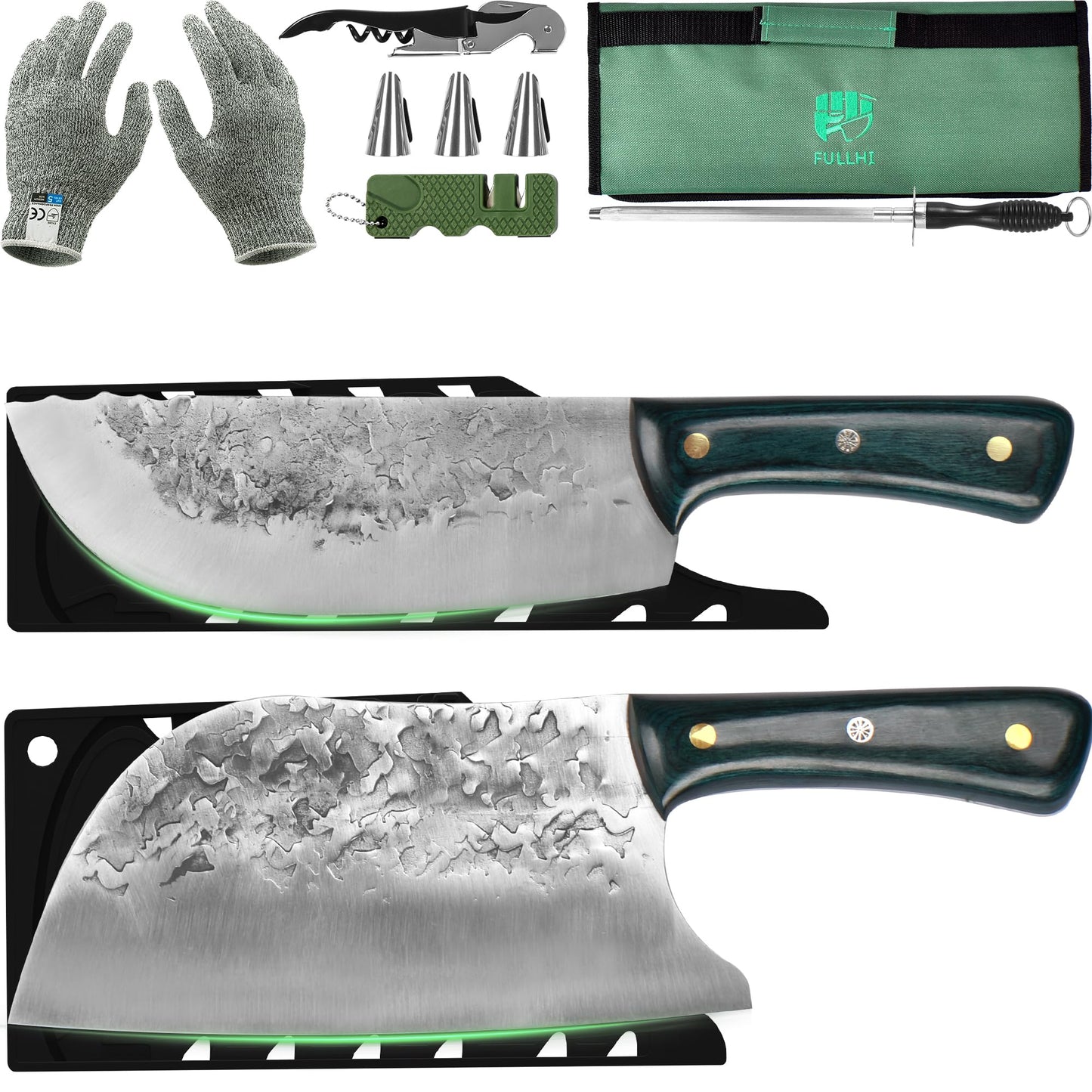 FULLHI 9 PCS Butcher Knife Set with Knife Bag and Sheath - Hand Forged Green handle Chef Knife High Carbon Steel Cleaver Knife Set for Kitchen Camping BBQ by Endo33 Markets