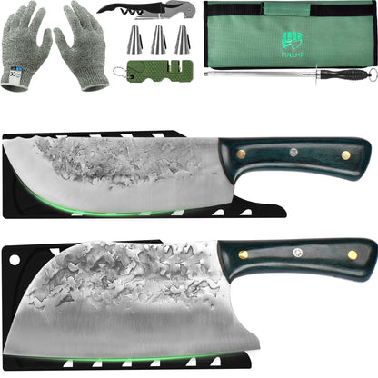 FULLHI 9 PCS Butcher Knife Set with Knife Bag and Sheath - Hand Forged Green handle Chef Knife High Carbon Steel Cleaver Knife Set for Kitchen Camping BBQ by Endo33 Markets