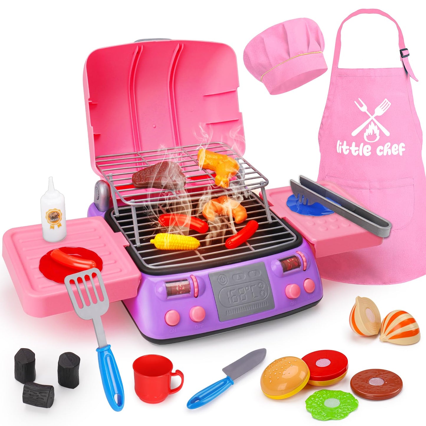Kids BBQ Grill Playset with Coooking Apron Hat Toddler Girl Pink Kitchen Toy Ages 2-4 3-5 4-8 Pretend Smoke Sound Light Outdoor Barbecue Accessories Toy for 2 3 4 Year Old Girl Birthday by Endo33 Markets