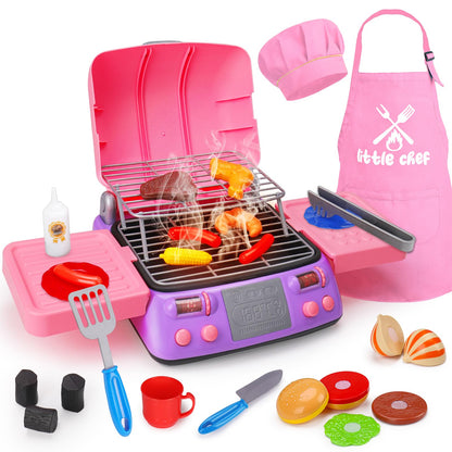 Kids BBQ Grill Playset with Coooking Apron Hat Toddler Girl Pink Kitchen Toy Ages 2-4 3-5 4-8 Pretend Smoke Sound Light Outdoor Barbecue Accessories Toy for 2 3 4 Year Old Girl Birthday by Endo33 Markets