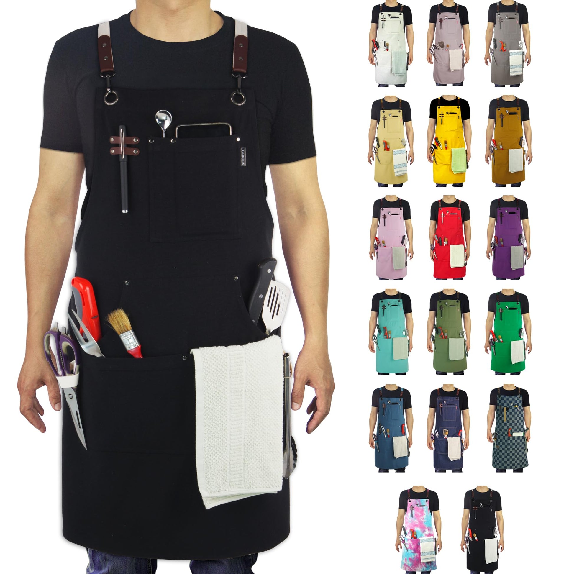 Stenffy Kitchen Apron Work Apron Canvas Multiple Pockets Gardening Painting BBQ Artist Carpenter Sizes M to XXL Black by Endo33 Markets