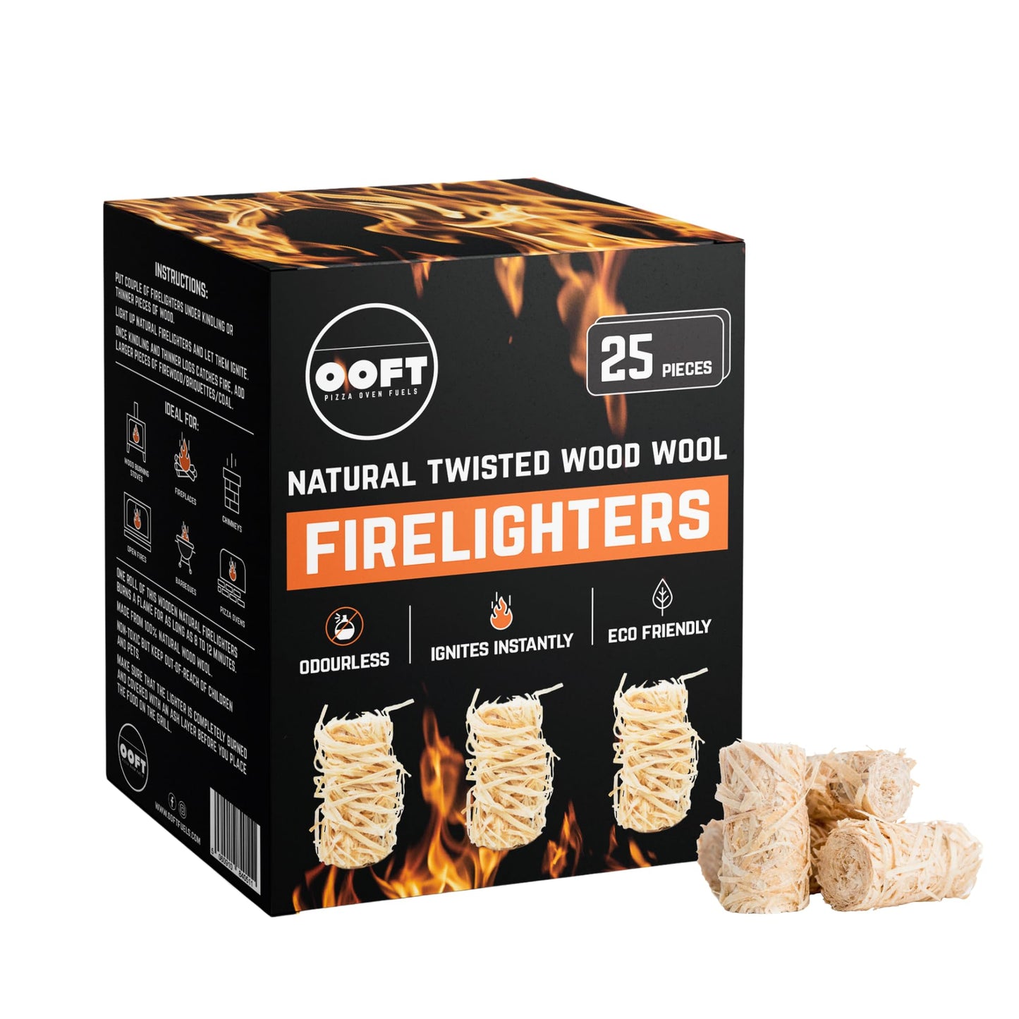OOFT Natural Firelighters - Ignite Instantly and Odourless - Perfect for use with Pizza Ovens Barebeques Wood Burning Stoves Open Fires and Camp Fires - Box of 25 by Endo33 Markets