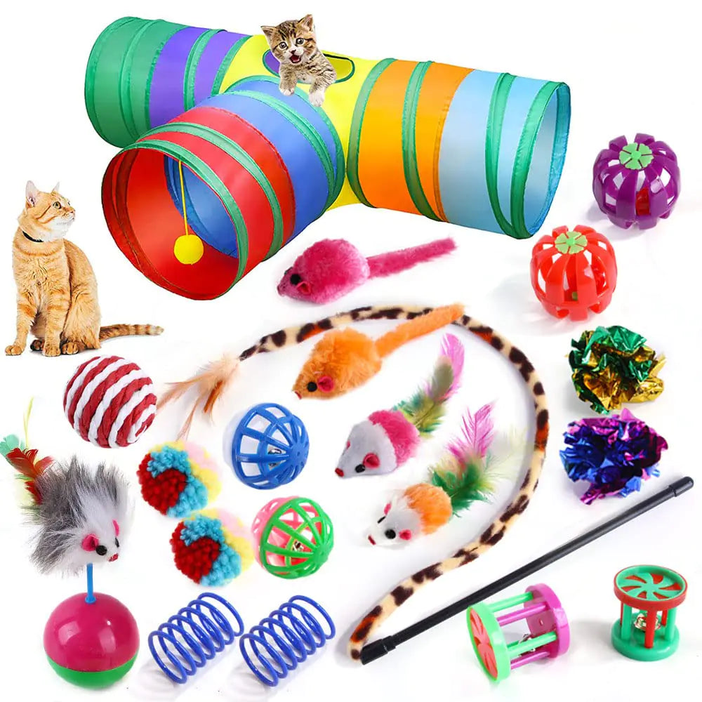 LTRINGYS 20 PCS Cat Toys Kitten Toys Set Interactive for Indoor CatsIncluding Cat TunnelCat Toys BallsCrinkle BallsCat WandCat Mouse Toys (T Shape)