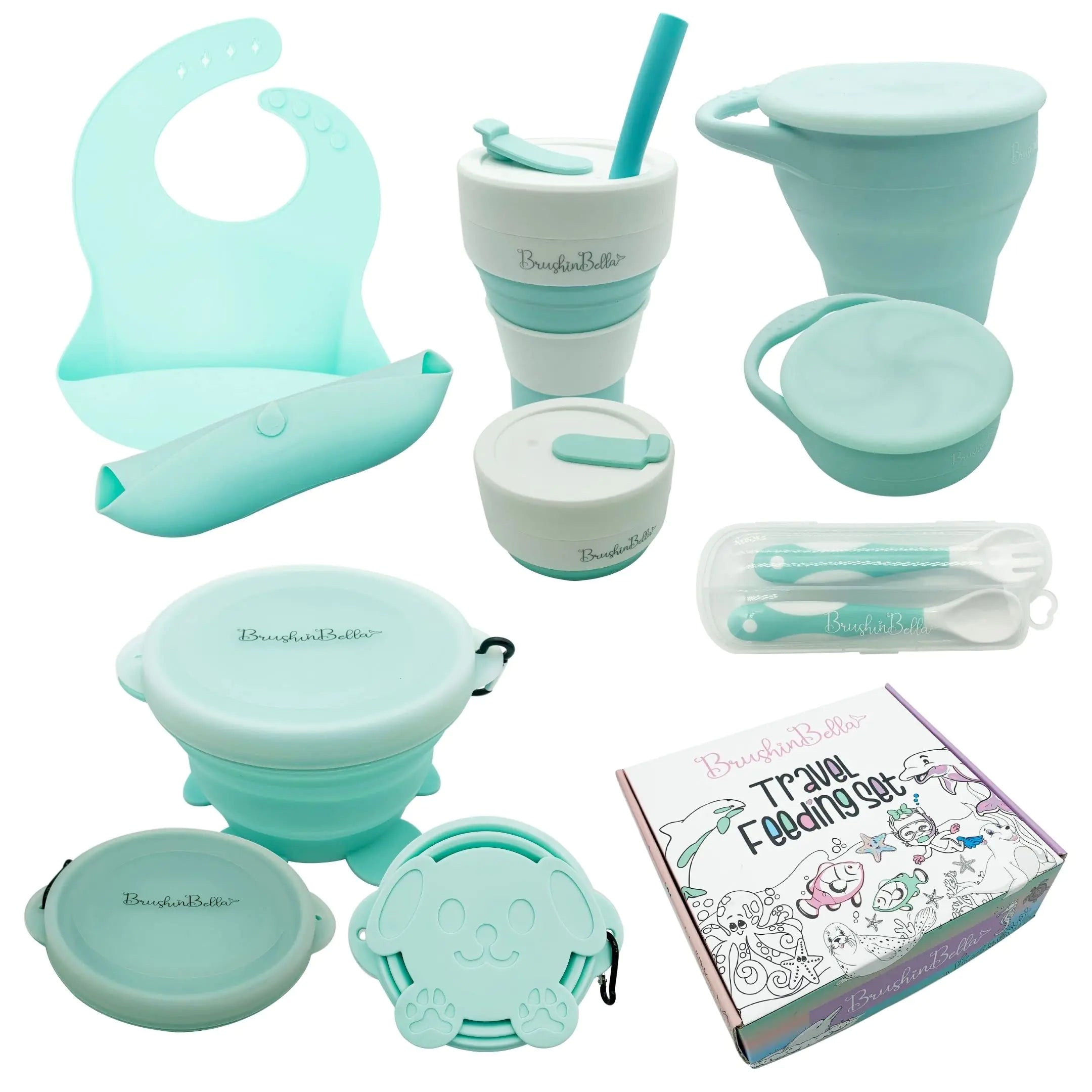 BrushinBella Baby Feeding Set - Collapsible Feeding Supplies for Travel - Food Grade Silicone Suction Baby Bowl Baby Plate Baby Bib Baby Spoons First Stage - Cute Baby Eating Supplies Toddler Gift