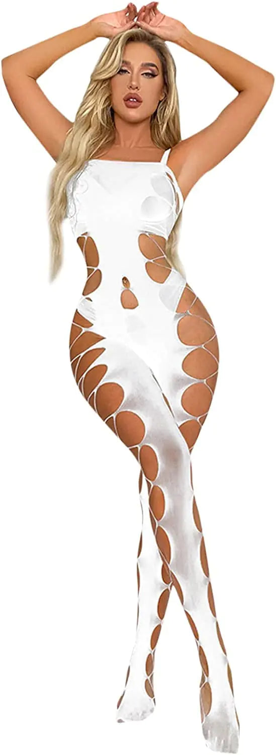 Walang Lip Womens Sexy Mesh BodyStocking Fishnet Lingerie Stretchy Dress Bodysuits One Piece See Through Lingerie (White)