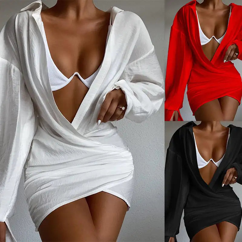 Deep V-neck Solid Color Long Sleeve Mini Dress by Endo33 Markets