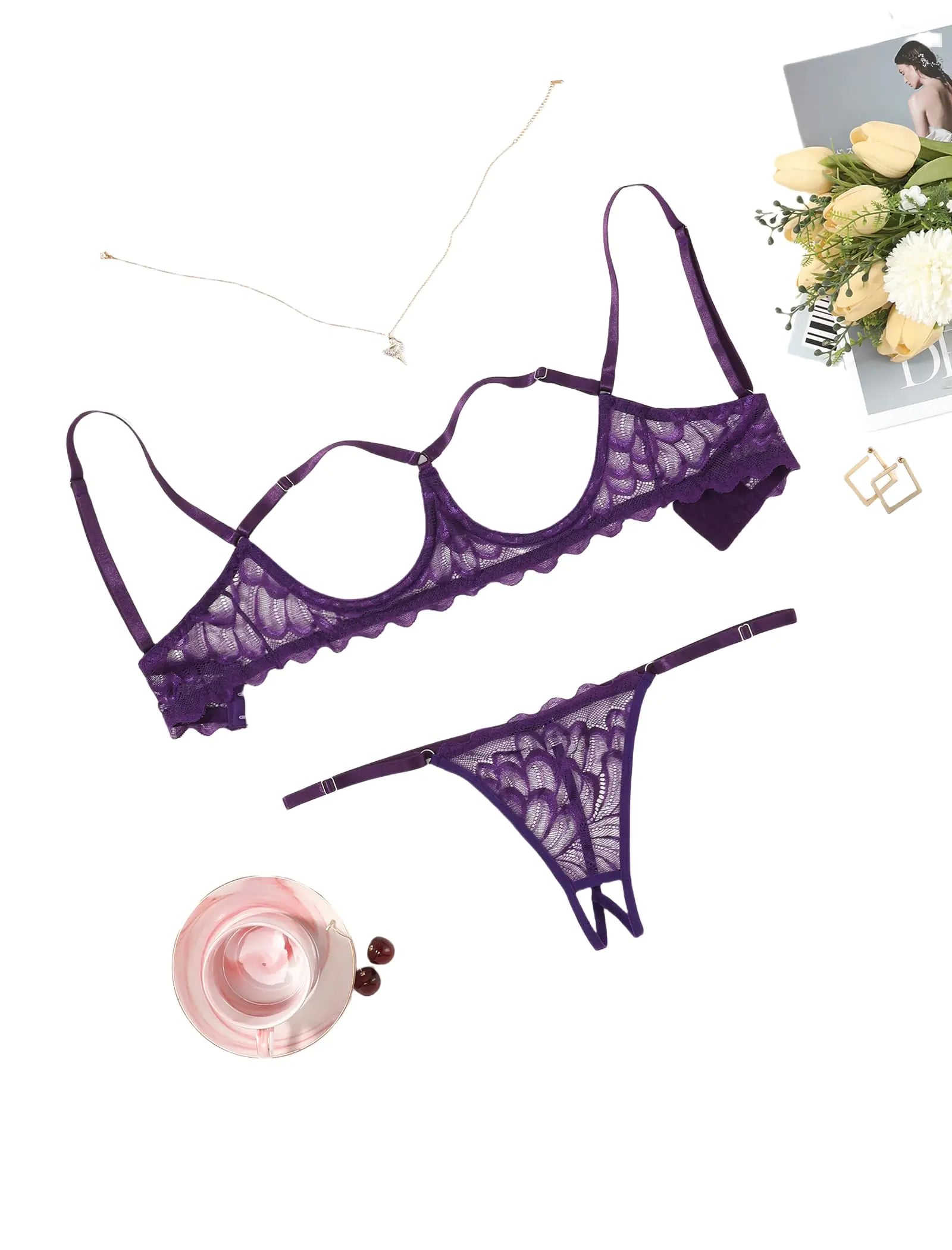 Avidlove Lingerie Set For Women Sexy Bra and Panty 2 Piece Lace Lingerie Set With Underwire Purple M